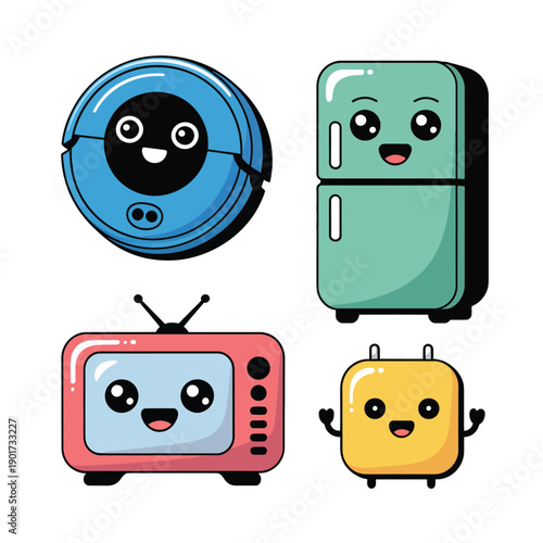 Smart home appliances characters, robot vacuum, vintage television, fridge, adorable icons for technology festival, maker space demo session, family zone