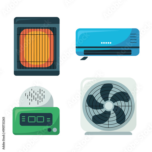HVAC icons collection, split air conditioner, thermostat, ceiling fan, ventilation unit, building maintenance conference, technician training session, exhibits hall