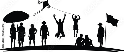 People silhouettes outdoor scene, family leisure activities, flying kite umbrella flag, joyful moments, social lifestyle, summer recreation, black vector illustration