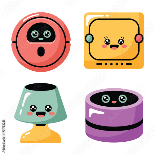 Cute household robot icons, smart home devices with faces, innovation day poster, STEM workshop session materials, technology festival vector illustration