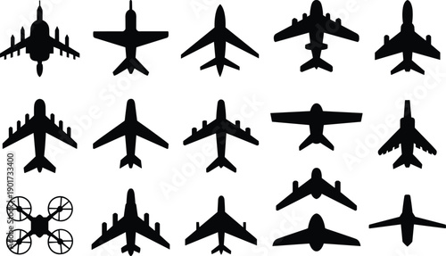 Collection of Aircraft Silhouettes Featuring Commercial Airplanes Fighter Jets Private Planes and Drone Icons Isolated on White Background for Aviation Design