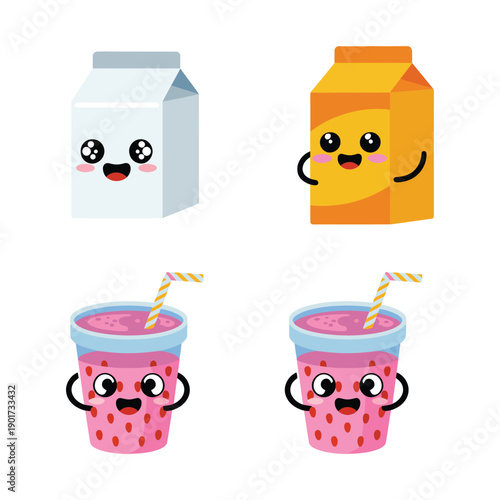 Kawaii milk cartons and bubble tea cups, kids cafe party poster, dessert shop promotion, beverage tasting session graphics, cute vector
