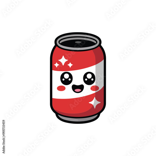 Kawaii soda can mascot, snack bar poster element, gaming night party branding, vending event session graphics, cute beverage vector illustration
