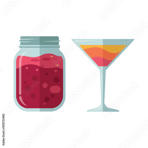 Cocktail party icons, jam jar drink and martini glass, nightlife event poster, mixology workshop session graphics, bar menu vector illustration
