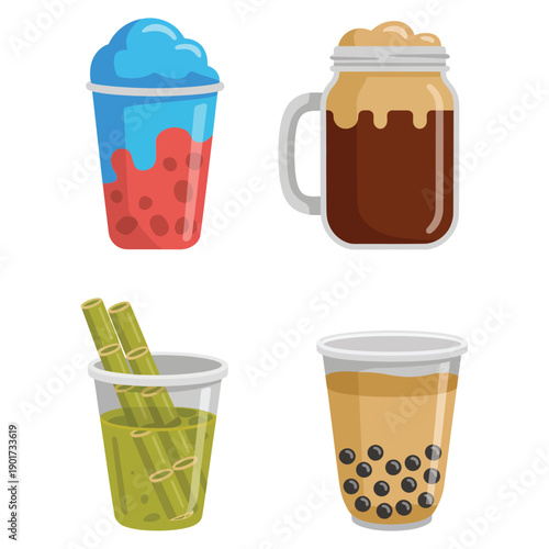 Icy slush cup and matcha bubble tea with tapioca pearls, trendy drink icons for cafe branding, summer festival menu