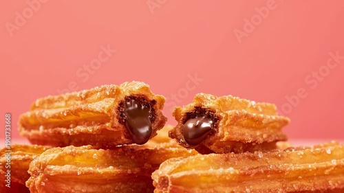 Crispy chocolate-filled churros dusted with sugar on a vibrant pink background