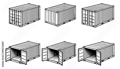Hand drawn line art cargo container set featuring closed and open states for global shipping logistics