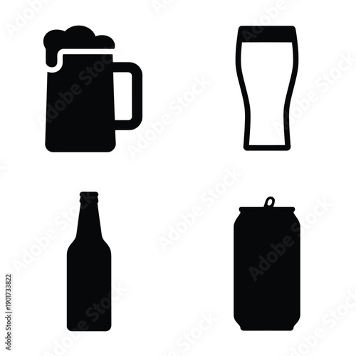 Beer drink silhouette icons set with mug, pint glass, bottle, can, minimalist bar menu, app ui, beverage branding design