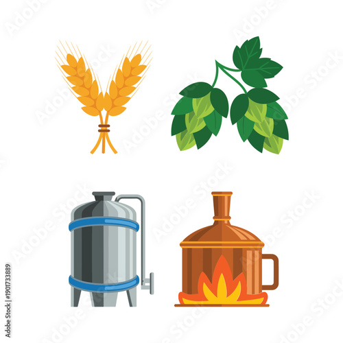 Brewing process icons with hops and wheat, kettle and tank, beer festival mash tun tour, fermentation workshop session, yeast management