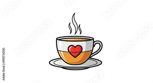 Steaming cup of tea with heart design on a saucer symbolizing love and warmth in a cozy setting