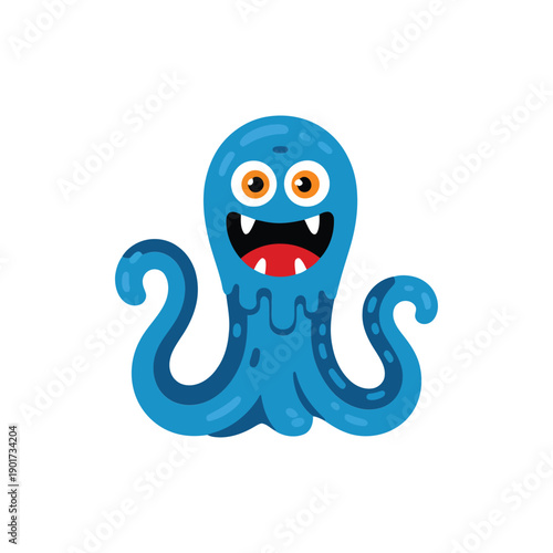 Summer kids aquarium camp mascot, friendly blue octopus cartoon, ocean education poster, marine science session graphics, playful vector illustration