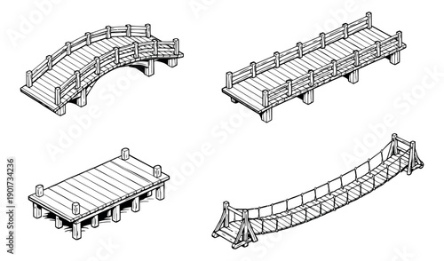 Hand drawn line art isometric bridges and pier set featuring different types of wooden bridges and a dock for game design