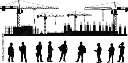 Construction Site Silhouette with Tower Cranes and Professional Workers Building Infrastructure Engineering Project Industry Development isolated on White Background Assets