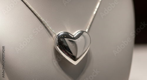 Shiny silver heart shaped necklace on a mannequin bust with elegant chain and reflective pendant