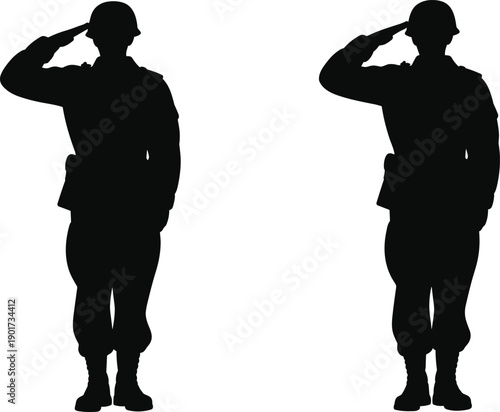 Military soldier silhouette saluting in uniform, isolated black army figure honoring service, respect, discipline, patriotism, memorial concept design