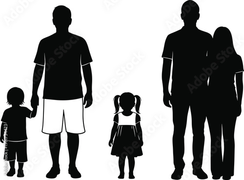 Silhouettes of diverse family members including father with son, young daughter, and a couple standing together, parenthood and childhood vector illustration on white.