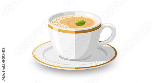 Tea cup with saucer and green leaf on top of frothy beverage in white and gold china on plain background