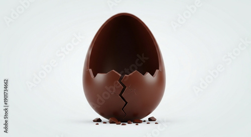 Broken chocolate easter egg with cracks and chocolate shards on white background for food and holiday concepts