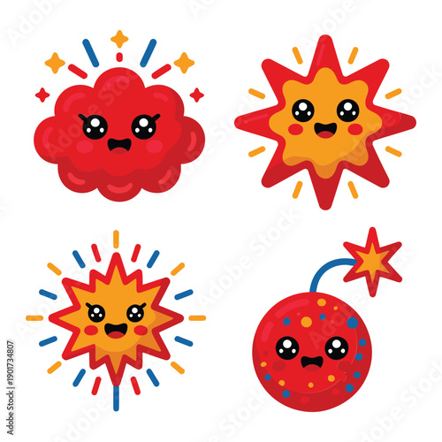 Cute explosion characters with fireworks sparks, comic festival poster element, special effects demo session, kids science zone, safety talk