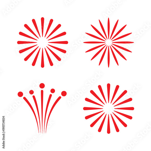 Red fireworks explosion icons for festival posters, concert finale session graphics, new year countdown party decorations, patriotic holiday celebration