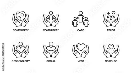 Line art icons representing community care responsibility and social concepts