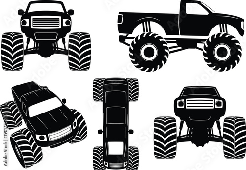 Monster truck silhouette vector icon set showing front side rear top and perspective views of off road lifted pickup vehicles