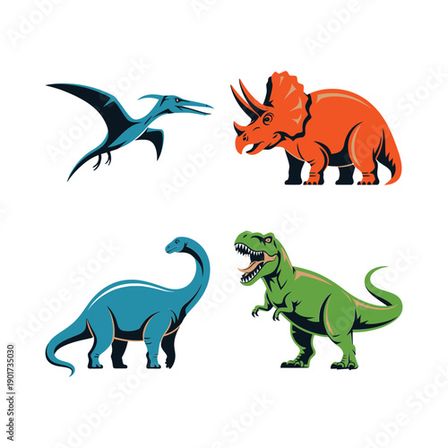 Dinosaur vector set with pterodactyl, triceratops, sauropod and theropod, cute jurassic animals for kids party, nursery decor design collection