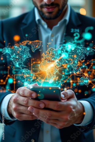 a professional individual holding a smartphone with an augmented reality display that integrates elements of a globe with digital