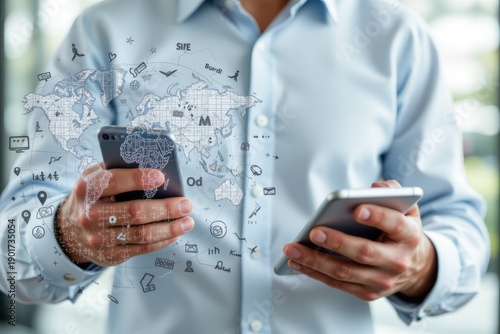 a professional environment where a man is engaged with his phone, which has holographic projections of various objects, including