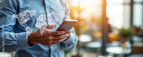 a person holding a smartphone in their hands with an interactive world map displayed on the screen