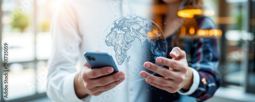 an interaction between technology and human engagement, featuring two figures superimposed over a central smartphone screen