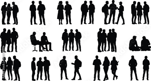 Silhouettes of diverse groups of people talking and interacting, social gathering of friends and colleagues in various standing and sitting poses, vector illustration