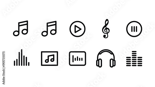 Collection of black and white music and audio control icons