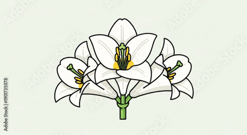 Detailed illustration of white flowers with yellow centers and green stems on a light green background