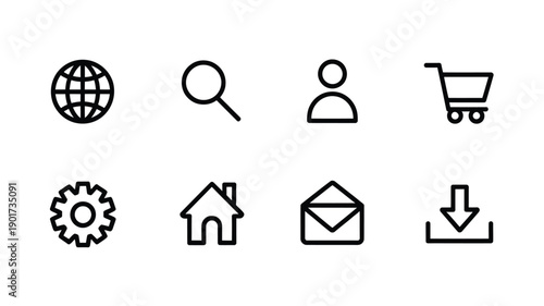 Collection of simple black outline icons representing various web features