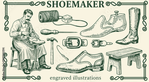 Craftsmanship shines in premium collection of engraved shoemaker illustrations with tools and footwear design elements 