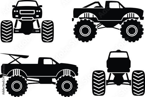 Monster truck silhouette vector set showing front side and rear views of off road lifted pickup vehicles for motorsport design