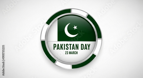 Pakistan day 23 march celebration emblem with green and white colors and flag symbol