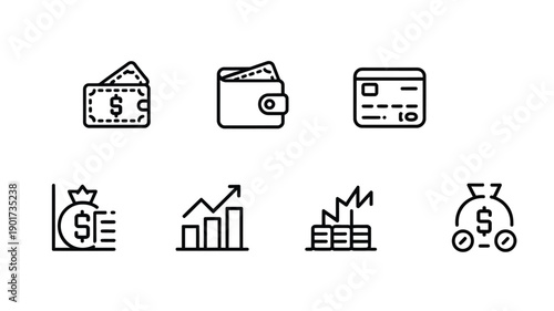 Financial icons depicting money wallets and growth charts in outline style