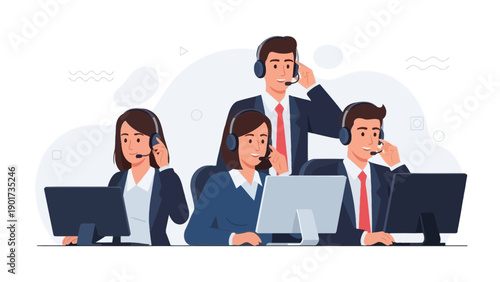 Customer Service Team with Headsets Working on Computers