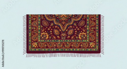 Vibrant oriental rug with intricate patterns and colorful tassels on a light blue background