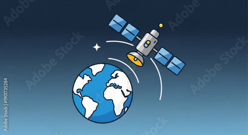 Satellite orbiting earth in space with signal waves symbolizing global communication and technology
