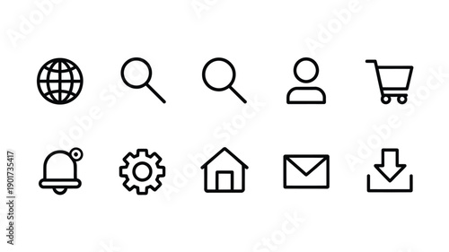 Set of minimalist black line icons representing web and mobile functions