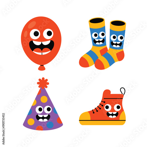 Party pack vector with orange balloon, smiling party hat, striped socks, sneaker, birthday bash poster, kids carnival, celebration branding