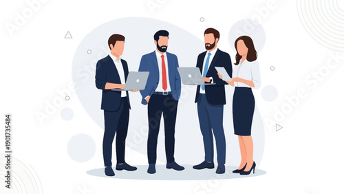 Diverse Business Team Collaborating with Laptops and Tablet