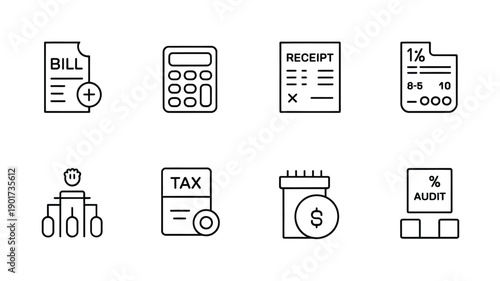 Financial icons depicting bills calculations taxes and accounting elements