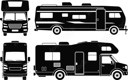 Motorhome and travel trailer silhouette vector set showing front side and rear views isolated for camping tourism transport design