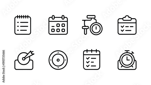 Collection of simple black and white time management and planning icons