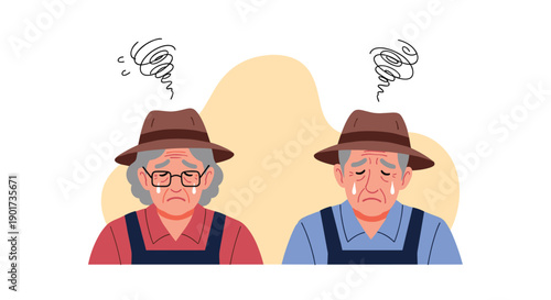 Sad elderly farming couple, both crying with stress symbols above their heads, symbolizing the immense challenges and difficulties in agriculture.