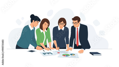 Diverse Team Collaborating on Business Project with Charts and Graphs